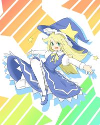 Rule 34 | 1girl, blonde hair, blue dress, blue footwear, blue hat, blush, bow, bowtie, commentary request, cookie (touhou), dress, eyes visible through hair, fang, full body, green eyes, hat, highres, juliet sleeves, kirisame marisa, long hair, long sleeves, looking at viewer, open mouth, pantyhose, puffy sleeves, rainbow gradient, ruka (cookie), shirt, shoes, smile, solo, star (symbol), touhou, white pantyhose, white shirt, witch hat, yellow bow, yellow bowtie, yumekamaborosh