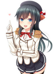 Rule 34 | 1girl, :d, asashio (kancolle), beret, black hair, black hat, black skirt, black thighhighs, blue eyes, blush, breasts, buttons, collared shirt, commentary request, cosplay, double-breasted, dress shirt, epaulettes, gloves, hair between eyes, hanazome dotera, hand up, hat, heart, index finger raised, jacket, kantai collection, kashima (kancolle), kashima (kancolle) (cosplay), long hair, long sleeves, looking at viewer, open mouth, pleated skirt, shirt, simple background, skirt, sleeves past wrists, small breasts, smile, solo, teeth, thighhighs, upper teeth only, very long hair, white background, white gloves, white jacket, white shirt