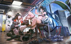 Rule 34 | 3girls, absurdres, alternate costume, animal ears, arknights, bare legs, bare shoulders, black choker, black footwear, black hair, black jacket, blaze (arknights), blue eyes, blue hair, boots, bottle, breasts, cat ears, choker, closure (arknights), commentary request, crocodilian tail, crop top, doctor (arknights), fallout (series), fang, fingerless gloves, framed breasts, gaanc 23 (tomosuge), gavial (arknights), gloves, green hair, hand up, highres, holding, holding bottle, huge filesize, indoors, jacket, long hair, looking at another, medium breasts, midriff, multiple girls, navel, open clothes, open jacket, open mouth, plant, pointy ears, red eyes, shirt, sports bra, stomach, tail, thighs, vault boy, very long hair, white shirt