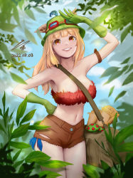 Rule 34 | 1girl, absurdres, arm tattoo, arm up, bag, bare shoulders, breasts, brown bag, brown shorts, dated, feathers, forest, genderswap, genderswap (mtf), gloves, green gloves, green headwear, grin, highres, humanization, large breasts, league of legends, long hair, mushroom, nature, navel, orange eyes, outdoors, plant, scroll, shorts, shoulder bag, signature, smile, stomach, tattoo, teemo, teeth, torn clothes, torn shorts, xuan xuan xiao tianshi