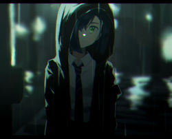 Rule 34 | 1girl, black jacket, blue hair, blue necktie, closed mouth, collar, collared shirt, commentary request, darling in the franxx, green eyes, hair between eyes, hair over one eye, hood, hood up, hooded jacket, ichigo (darling in the franxx), jacket, letterboxed, long sleeves, looking at viewer, necktie, neckwear request, open clothes, open jacket, outdoors, rain, road, school uniform, shirt, short hair, solo, street, striped necktie, striped neckwear, unapoppo, uniform, upper body, white shirt