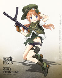 Rule 34 | 1girl, black panties, blue eyes, boots, boyshort panties, brown hair, cross-laced footwear, dress, f1 (girls&#039; frontline), full body, girls&#039; frontline, green dress, green hat, hat, highres, keffiyeh, lace-up boots, panties, pouch, shirt, thigh pouch, torn clothes, torn dress, torn shirt, twintails, underwear, wavy mouth, white shirt