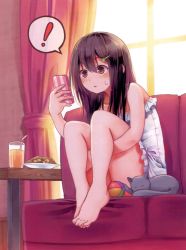 Rule 34 | !, 1girl, absurdres, animal, backlighting, ball, bare legs, bare shoulders, barefoot, black hair, blush, brown eyes, cat, cellphone, checkerboard cookie, commentary, cookie, couch, cup, curtains, dress, drink, drinking glass, drinking straw, feet, feet on chair, food, frills, full body, grey cat, hair ornament, hairclip, highres, holding, holding phone, hugging own legs, indoors, lens flare, living room, long hair, looking at phone, niichi (komorebi-palette), on couch, original, phone, plantar flexion, sae shizuka, scan, sitting, smartphone, solo, spoken exclamation mark, strapless, strapless dress, sunlight, surprised, sweatdrop, table, tareme, white dress, window