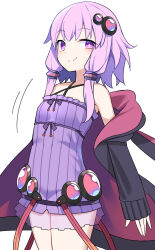 Rule 34 | 1girl, black jacket, blush, bright pupils, closed mouth, cowboy shot, dress, e.o., empire waist, flat chest, hair ornament, halter dress, halterneck, highres, jacket, long sleeves, looking at viewer, purple dress, purple eyes, purple hair, short hair with long locks, simple background, smile, solo, voiceroid, white background, white pupils, yuzuki yukari