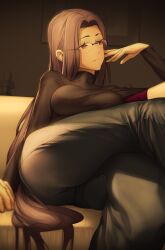 Rule 34 | 1girl, breasts, casual, crossed legs, denim, fate/stay night, fate (series), forehead, glasses, jeans, large breasts, long hair, looking to the side, medusa (fate), medusa (rider) (fate), pants, solo, sweater, tamamoice, turtleneck, turtleneck sweater