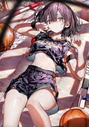 Rule 34 | 1girl, armlet, ball, basketball, basketball (object), basketball uniform, black hair, breasts, closed mouth, commentary request, cowboy shot, day, enj!, from above, green eyes, hair between eyes, highres, looking at viewer, lying, medium breasts, midriff, on back, original, school uniform, short hair, solo, sportswear, sunlight, sweat, thighs, wiping sweat