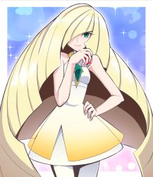 Rule 34 | 1girl, blonde hair, border, breasts, closed mouth, commentary request, creatures (company), diamond (shape), dress, game freak, gem, green eyes, green gemstone, hair over one eye, highres, holding, holding poke ball, leggings, long hair, looking at viewer, lusamine (pokemon), nintendo, poke ball, poke ball (basic), pokemon, pokemon sm, short dress, sleeveless, sleeveless dress, smile, solo, sparkle, usoco, white border, white dress, white leggings
