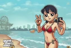 Rule 34 | 1girl, beach, bikini, black eyes, black hair, bracelet, breasts, building, cellphone, cityscape, cleavage, cloud, crossover, doraemon, earrings, ferris wheel, grand theft auto, grand theft auto v, holding, jewelry, large breasts, long hair, low twintails, lowres, minamoto shizuka, navel, necklace, ocean, parody, phone, red bikini, ring, sand, selfie, sky, skyscraper, smartphone, smile, solo, standing, star (symbol), star earrings, swimsuit, twintails, v, water