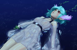 Rule 34 | 10s, 1girl, afloat, antlers, blue hair, blush, breasts, c (control), choker, doyora, dress, eyelashes, floating, head wings, horns, lips, lying, monster girl, nipples, on back, pointy ears, q (control), red eyes, shiny skin, short hair, solo, thighs, water, wet, wet clothes, wings