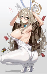 Rule 34 | 1girl, absurdres, akane (blue archive), akane (bunny) (blue archive), animal ears, armpits, arms up, ass, bare shoulders, blue archive, blush, bow, bowtie, breasts, brown eyes, card, detached collar, fake animal ears, fake tail, feipin zhanshi, glasses, gloves, gradient background, grey background, hair between eyes, halo, high heels, highleg, highleg leotard, highres, holding, holding card, large breasts, leotard, light brown hair, long hair, looking at viewer, paid reward available, pantyhose, plaid shawl, playboy bunny, playing card, rabbit ears, rabbit pose, rabbit tail, shawl, side-tie leotard, smile, solo, squatting, strapless, strapless leotard, tail, white gloves, white leotard