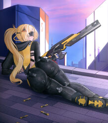 1girl ass blindfold blonde_hair boots cape fingerless_gloves from_behind gloves gun long_hair lying on_side pants ponytail puppnet rifle sniper_rifle solo trigger_(zenless_zone_zero) very_long_hair weapon zenless_zone_zero