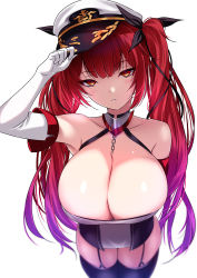 Rule 34 | 1girl, akeyama kitsune, azur lane, black thighhighs, breasts, cleavage, detached collar, elbow gloves, from above, garter straps, gloves, hair ribbon, hand on headwear, hat, honolulu (azur lane), large breasts, long hair, looking at viewer, military hat, parted lips, red eyes, red hair, ribbon, solo, thighhighs, twintails