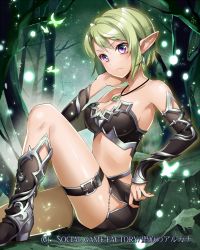 Rule 34 | &gt;:&lt;, 1girl, :&lt;, breasts, cleavage, closed mouth, elbow pads, elf, green hair, jewelry, large breasts, navel, official art, original, pendant, pointy ears, purple eyes, seikon no arcana, short hair, sitting, solo, v-shaped eyebrows, yuzuki kihiro