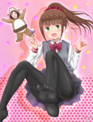 Rule 34 | 2girls, :d, animal costume, arms up, bear costume, black pantyhose, blunt bangs, blush, bow, brown hair, candy, collared shirt, commentary, dated, dated commentary, feet, food, grey sweater vest, hair ornament, hair scrunchie, hitori bocchi, hitoribocchi no marumaru seikatsu, holding, holding food, honshou aru, lollipop, long hair, looking at viewer, multiple girls, no shoes, open mouth, pantyhose, pink background, ponytail, red bow, red eyes, red scrunchie, samenoido, school uniform, scrunchie, shirt, signature, skirt, smile, soles, solo focus, star (symbol), starry background, sweater vest, thighs, white shirt