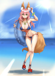 Rule 34 | 1girl, animal ear fluff, animal ears, bikini, blue bikini, blush, breasts, cleavage, collarbone, fate/grand order, fate (series), fox ears, fox girl, fox tail, full body, groin, innertube, large breasts, looking at viewer, nature, navel, ocean, outdoors, pink hair, solo, stst151553, swim ring, swimsuit, tail, tamamo (fate), tamamo no mae (fate/extra), tamamo no mae (swimsuit lancer) (fate), tamamo no mae (swimsuit lancer) (third ascension) (fate), yellow eyes