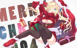 Rule 34 | 10s, 1girl, ;d, ankle boots, aqua eyes, black thighhighs, blonde hair, blue eyes, blush, boku wa tomodachi ga sukunai, boots, box, breasts, bug, butterfly, butterfly hair ornament, cait aron, christmas, cleavage, cleavage cutout, clothing cutout, fur boots, gift, gift box, gloves, hair ornament, highres, insect, kashiwazaki sena, large breasts, long hair, long sleeves, looking at viewer, meme attire, one eye closed, open-chest sweater, open mouth, red footwear, ribbed sweater, sack, santa boots, simple background, smile, snow boots, solo, sweater, thighhighs, underboob, white background, white gloves
