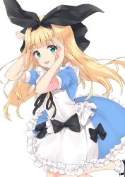 Rule 34 | 1girl, :d, apron, arms up, black bow, black footwear, black ribbon, blonde hair, blue dress, blunt bangs, blush, bobby socks, bow, commentary request, dress, frilled dress, frills, green eyes, hair bow, hair ribbon, highres, long hair, looking at viewer, maid apron, mary janes, minikon, mononobe alice, mononobe alice (1st costume), nijisanji, open mouth, puffy short sleeves, puffy sleeves, rabbit pose, ribbon, shoes, short sleeves, simple background, smile, socks, solo, very long hair, virtual youtuber, white apron, white background, white socks
