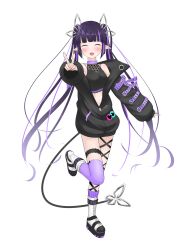 Rule 34 | 1girl, absurdres, badge, black footwear, black hair, black jacket, black ribbon, black shirt, blunt bangs, blush, boots, breasts, button badge, cleavage, closed eyes, commentary request, crop top, demon girl, demon horns, demon tail, full body, heart, heart print, highres, horns, jacket, jewelry, kiyama motonobu, kojo anna, kojo anna (1st costume), leg ribbon, long hair, medium breasts, midriff, multicolored footwear, multicolored hair, nanashi inc., off shoulder, open clothes, open jacket, open mouth, pointy ears, print shirt, purple footwear, purple hair, ribbon, ring, russian text, see-through, see-through cleavage, see-through shirt, shirt, simple background, single thighhigh, sleeveless, sleeveless shirt, sleeves past wrists, smile, solo, standing, standing on one leg, star (symbol), sugar lyric, tail, thigh strap, thighhighs, transparent background, twintails, two-tone hair, v, very long hair, virtual youtuber, white footwear, zipper