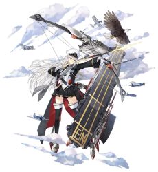 Rule 34 | 1girl, aircraft, animal, azur lane, bald eagle, belt, bird, black coat, black skirt, black thighhighs, bow (weapon), closed mouth, cloud, coat, collared shirt, drawing bow, dress shirt, eagle, enterprise (azur lane), enterprise (soaring wings of freedom) (azur lane), expressionless, f6f hellcat, flight deck, floating hair, gloves, hao (patinnko), hat, highres, holding, holding bow (weapon), holding weapon, long hair, long sleeves, looking away, machinery, military, military uniform, miniskirt, necktie, official alternate costume, official art, open clothes, open coat, peaked cap, pleated skirt, purple eyes, rudder footwear, shirt, shoes, silver hair, skirt, solo, thighhighs, transparent background, uniform, weapon, white gloves, white hat, white shirt, zettai ryouiki