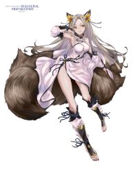 Rule 34 | 10s, 1girl, animal ears, armpits, bad id, bad pixiv id, barefoot, beatless, breasts, cancell, detached sleeves, fox ears, fox tail, grey hair, highres, long hair, multiple tails, nail polish, orange eyes, red eyes, simple background, smile, solo, tail, white background
