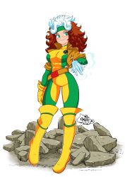 Rule 34 | 1girl, animification, belt, bodysuit, breasts, brown hair, commentary, dyed bangs, english commentary, full body, gloves, green bodysuit, green eyes, green headband, headband, highres, jacket, large breasts, leather, leather jacket, long hair, looking at viewer, loose belt, marvel, multicolored bodysuit, multicolored clothes, multicolored hair, rogue (x-men), smile, solo, sonchapo, standing, superhero costume, two-tone hair, white hair, x-men, x-men: the animated series, yellow bodysuit, yellow gloves