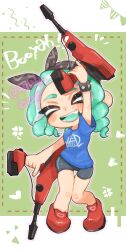 Rule 34 | 1girl, aqua hair, bike shorts, black bow, blue shirt, border, bow, bow hairband, closed eyes, clover, commentary request, commission, dual wielding, dualie squelcher (splatoon), four-leaf clover, green background, gun, hair bow, hairband, heart, hidaka0128, holding, holding gun, holding weapon, letterboxed, long hair, nintendo, octoling, octoling girl, octoling player character, open mouth, outside border, print shirt, red footwear, shirt, shoes, simple background, skeb commission, smile, solo, splatoon (series), splatoon 3, standing, teeth, tentacle hair, weapon, white border