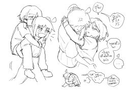 Rule 34 | 2girls, absurdres, ahoge, arms around neck, asymmetrical hair, bocchi the rock!, carrying, carrying over shoulder, commentary, english commentary, greyscale, hair ornament, hairclip, highres, ijichi nijika, long hair, mole, mole under eye, monochrome, multiple girls, notice lines, open mouth, parted lips, piggyback, school uniform, shimokitazawa high school uniform, short hair, side ponytail, smile, speech bubble, thai text, translation request, yamada ryo, yogurt pt, yuri