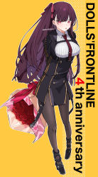 Rule 34 | 1girl, arms behind back, black footwear, black hair, black skirt, bouquet, citron80citron, flower, framed breasts, full body, girls&#039; frontline, hair ribbon, half updo, highres, holding, holding bouquet, long hair, necktie, one side up, pantyhose, red eyes, red necktie, ribbon, skirt, standing, tachi-e, thighband pantyhose, tongue, tongue out, wa2000 (girls&#039; frontline)