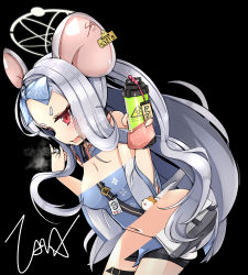Rule 34 | 1girl, absurdly long hair, absurdres, animal ears, blue archive, blue dress, chinese clothes, detached sleeves, dress, ear tag, grey hair, halo, highres, human00348, long hair, looking at viewer, mouse (animal), mouse ears, mouse girl, page tear, pantyhose, red eyes, revealing layer, saya (blue archive), solo, tongue, tongue out, very long hair