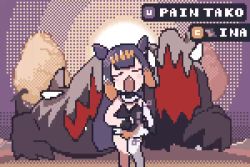 Rule 34 | 1girl, animated, blunt bangs, chat log, chibi, closed eyes, crossover, detached sleeves, don&#039;t starve, english text, fang, flat chest, hololive, hololive english, horns, mole, mole under mouth, monster, ninomae ina&#039;nis, open mouth, pixel art, purple hair, ronin (zeth total), running, single detached sleeve, single thighhigh, tentacle hair, thighhighs, video, virtual youtuber, white eyes