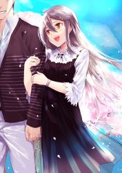 Rule 34 | 1boy, 1girl, :d, alternate costume, arm hug, black dress, brown eyes, cherry blossoms, commission, dress, grey hair, hair ornament, hairclip, haruna (kancolle), highres, holding hands, kantai collection, kyougoku touya, long hair, looking at another, open mouth, pants, skeb commission, smile, solo focus, striped clothes, striped pants, watch, wristwatch
