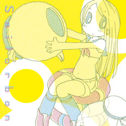 Rule 34 | 1girl, bare arms, bare shoulders, blue eyes, blue sailor collar, blue socks, blush, bright pupils, chromatic aberration, closed mouth, collarbone, crop top, expressionless, eyes visible through hair, feet out of frame, film grain, holding, innertube, karaagetarou, kneehighs, knees together feet apart, limited palette, long hair, looking at viewer, looking to the side, midriff, navel, neckerchief, no nose, original, outstretched arms, parted bangs, red innertube, red neckerchief, sailor collar, sailorbon, short shorts, shorts, sitting, sleeveless, socks, solo, stomach, straight hair, swim ring, tube socks, white pupils, yellow background, yellow theme