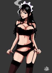 Rule 34 | 1girl, absurdres, artist name, baby 5, black bra, black hair, black lips, black panties, black thighhighs, bra, breasts, cigarette, cleavage, contrapposto, cowboy shot, dated, garter belt, garter straps, grey background, highres, large breasts, lingerie, lipstick, long hair, looking at viewer, maid headdress, makeup, navel, one eye closed, one piece, panties, red lips, sherumaru (korcht06), simple background, smile, smoke, smoking, solo, standing, strap pull, thighhighs, underwear, underwear only, wink