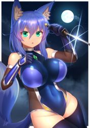 Rule 34 | 1girl, animal ears, blue gloves, blue hair, blue leotard, border, breasts, brooch, clenched hand, covered navel, cowboy shot, elbow gloves, fox ears, fox girl, fox tail, fuyubare kiyo, gloves, green eyes, hair between eyes, highres, holding, holding sword, holding weapon, impossible clothes, impossible leotard, jewelry, kyu (wein-seria), large breasts, leotard, long hair, looking at viewer, moon, night, open mouth, original, outdoors, solo, sword, tail, thighhighs, thighs, v-shaped eyebrows, weapon, white border