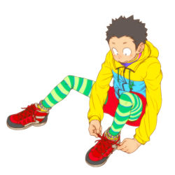 Rule 34 | 1boy, :&gt;, bad id, bad pixiv id, black hair, blush, dressing, full body, jacket, leggings, male focus, original, shoes, short hair, shorts, simple background, smile, sneakers, socks, solo, striped clothes, striped socks, torte (triggerhappy), white background