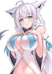 Rule 34 | 1girl, :&lt;, ahoge, alternate breast size, animal ear fluff, animal ears, blue neckerchief, blush, braid, breasts, closed mouth, commentary, crossed bangs, detached sleeves, fox ears, fox girl, front slit, furrowed brow, green eyes, hair between eyes, hands on own chest, highres, hololive, hood, hoodie, large breasts, long hair, looking at viewer, navel, neckerchief, shirakami fubuki, shirakami fubuki (1st costume), side braid, simple background, single braid, solo, stomach, tazaki hayato, upper body, very long hair, virtual youtuber, white background, white hair, white hoodie, white sleeves, wide sleeves