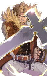 Rule 34 | 1boy, artist name, beard, belt, belt buckle, black gloves, blonde hair, brown belt, brown jacket, buckle, buttons, commentary request, double-breasted, dual wielding, facial hair, fingerless gloves, fur-trimmed jacket, fur-trimmed sleeves, fur trim, furrowed brow, gloves, green eyes, guilty gear, guilty gear strive, highres, holding, holding weapon, jacket, lens flare, leo whitefang, male focus, multiple belts, open clothes, open jacket, pants, solo, tsuna (akmu8832), twitter username, weapon, white background, white pants