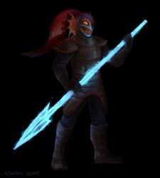 Rule 34 | 1girl, 2015, armor, black background, blue skin, colored skin, energy spear, eyepatch, fish, highres, holding, holding spear, holding weapon, looking at viewer, polearm, red lips, sharp teeth, signature, simple background, slit pupils, solo, spear, teeth, undertale, undyne, warrior, weapon, wonszu, yellow eyes
