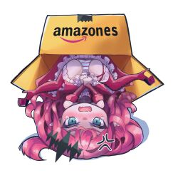 Rule 34 | amazon (company), anger vein, baobhan sith (fate), blush, boots, box, cardboard box, chibi, detached sleeves, dress, fate/grand order, fate (series), high heels, highres, panties, pink hair, pointy ears, red dress, red footwear, striped clothes, striped panties, tears, thigh boots, tiara, tutuuraura88, underwear, white background