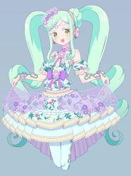 Rule 34 | 1girl, :d, braid, braided bangs, breasts, cowboy shot, cropped legs, dress, falala a larm, floral print, flower, frilled dress, frills, green hair, grey background, head chain, headphones, highres, idol clothes, idol time pripara, jewelry, ku (residual666), long hair, looking at viewer, open mouth, pink flower, pretty series, print dress, pripara, purple flower, sidelocks, simple background, skirt hold, small breasts, smile, solo, standing, symbol-shaped pupils, twintails, very long hair, white dress, yellow eyes