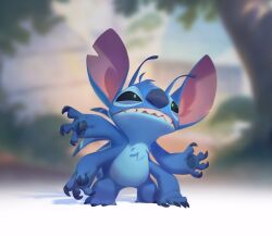 Rule 34 | antennae, blue fur, blurry, blurry background, depth of field, extra arms, highres, lilo &amp; stitch, looking up, nicholas kole, no humans, open mouth, solo, stitch (lilo &amp; stitch), teeth