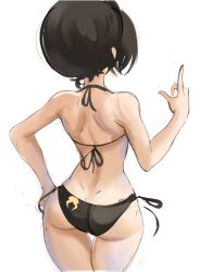 Rule 34 | 1girl, aged up, ass, avatar: the last airbender, avatar legends, back, bare shoulders, bikini, black bikini, black hair, facing away, from behind, hand on own hip, highres, index finger raised, nickelodeon, rakeemspoon, short hair, side-tie bikini bottom, simple background, sketch, solo, swimsuit, thigh gap, toph bei fong, white background
