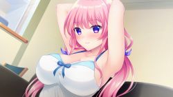 Rule 34 | 1girl, akino subaru, armpits, arms behind head, arms up, bare shoulders, blush, breasts, cleavage, closed mouth, couch, female focus, game cg, happy, indoors, large breasts, long hair, looking at viewer, mizuki (onii-chan chou suki 99 jikan ecchi shiyo!), nose blush, onii-chan chou suki 99 jikan ecchi shiyo!, original, pink hair, purple eyes, sitting, sleeveless, smile, solo, twintails, upper body