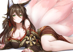 1girl animal_ears bare_shoulders blush breasts brown_hair brown_kimono collarbone commentary english_commentary flower_tattoo fox_ears fox_girl fox_tail fugue_(honkai:_star_rail) green_eyes hair_between_eyes hair_ornament highres honkai:_star_rail honkai_(series) japanese_clothes kimono kitsune kyuubi large_breasts long_hair looking_at_viewer mixed-language_commentary multiple_tails off_shoulder parted_lips shoulder_tattoo simple_background solo tail tattoo tingyun_(honkai:_star_rail) very_long_hair white_background xfate