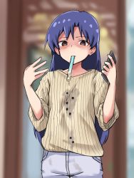Rule 34 | 1girl, bad id, bad twitter id, blue hair, blurry, blurry background, brown eyes, bubble tea challenge, cellphone, denim, drinking straw, drinking straw in mouth, failure, highres, holding, holding phone, idolmaster, idolmaster (classic), jeans, kisaragi chihaya, long hair, pants, phone, re hankkwo, shirt, sketch, striped clothes, striped shirt, wet, wet clothes, wet shirt
