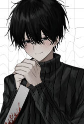 Rule 34 | 1boy, akanei6no sora, black eyes, black hair, black sweater, blood, bloody knife, blush, closed mouth, ear piercing, hair between eyes, highres, holding, holding knife, knife, long sleeves, looking at viewer, male focus, messy hair, original, piercing, ribbed sweater, simple background, solo, sweater, turtleneck, turtleneck sweater, upper body