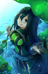 Rule 34 | 10s, 1girl, :q, absurdres, animal, animal on head, artist request, asui tsuyu, belt, black eyes, black hair, bodysuit, boku no hero academia, breasts, closed mouth, frog, frog girl, from above, gloves, green bodysuit, green eyes, hair between eyes, hair rings, highres, holding, leaf, leaf umbrella, lily pad, long hair, looking at viewer, looking up, luo jie, medium breasts, on head, partially submerged, purple eyes, rainbow, revision, ripples, smile, solo, tongue, tongue out, wading, water, wet, wet clothes, wet hair, white gloves