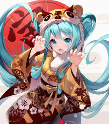Rule 34 | 1girl, :3, :d, absurdres, animal ear fluff, animal ears, animal hood, bison cangshu, blue eyes, blue hair, brown kimono, claw pose, commentary request, egasumi, fake animal ears, fang, floral print, fur-trimmed hood, fur trim, hands up, hatsune miku, highres, hood, japanese clothes, kimono, long hair, long sleeves, open mouth, print kimono, smile, solo, tiger ears, tiger hood, v-shaped eyebrows, very long hair, vocaloid, white background, wide sleeves