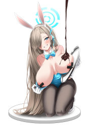 Rule 34 | 1girl, animal ears, areola slip, asuna (blue archive), asuna (bunny) (blue archive), blue archive, blue eyes, blue leotard, bow, bowtie, breasts, chocolate, detached collar, fake animal ears, gloves, hair over one eye, high heels, large breasts, leotard, long hair, looking at viewer, mole, mole on breast, official alternate costume, otakummm, pantyhose, pasties, playboy bunny, rabbit ears, resolution mismatch, smile, solo, source larger, teeth, traditional bowtie, tray, white gloves