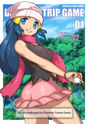 Rule 34 | 1girl, bare arms, bare shoulders, beanie, black hair, blue eyes, blue hair, bracelet, breasts, cowboy shot, creatures (company), dawn (pokemon), day, dress, english text, from side, game freak, hair ornament, hat, holding, holding poke ball, jewelry, large breasts, long hair, looking at viewer, nintendo, outdoors, pink dress, pink scarf, poke ball, pokemon, pokemon dppt, redjet, scarf, shiny clothes, skirt, smile, teeth, tree, white hat
